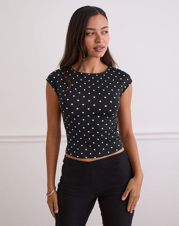 motel rocks Nova Top in Black Polka Jersey