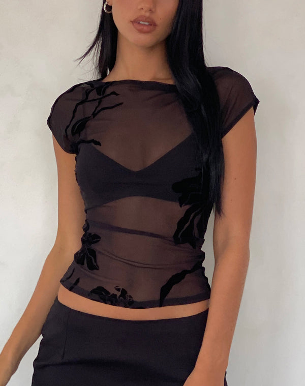 motel rocks Nova Top in Orchids Flock Black