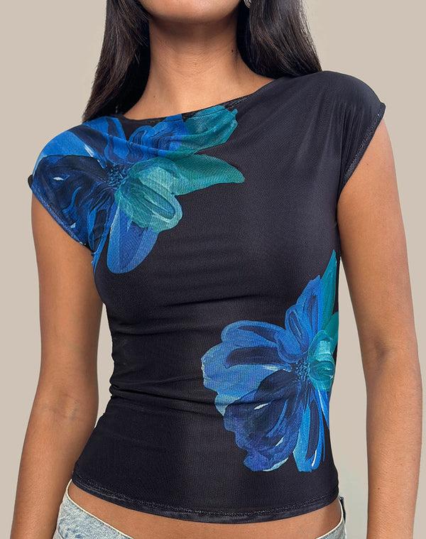 Motel Rocks Nova Top In Watercolour Flower Blue