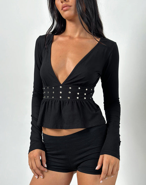 Motel Rocks Ophay Top In Jersey Black With Studs