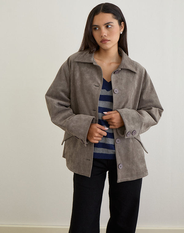 Motel Rocks Orson Jacket In Faux Suede Olive Grey