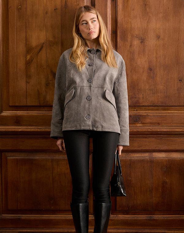 motel rocks Orson Jacket in Faux Suede Olive Grey