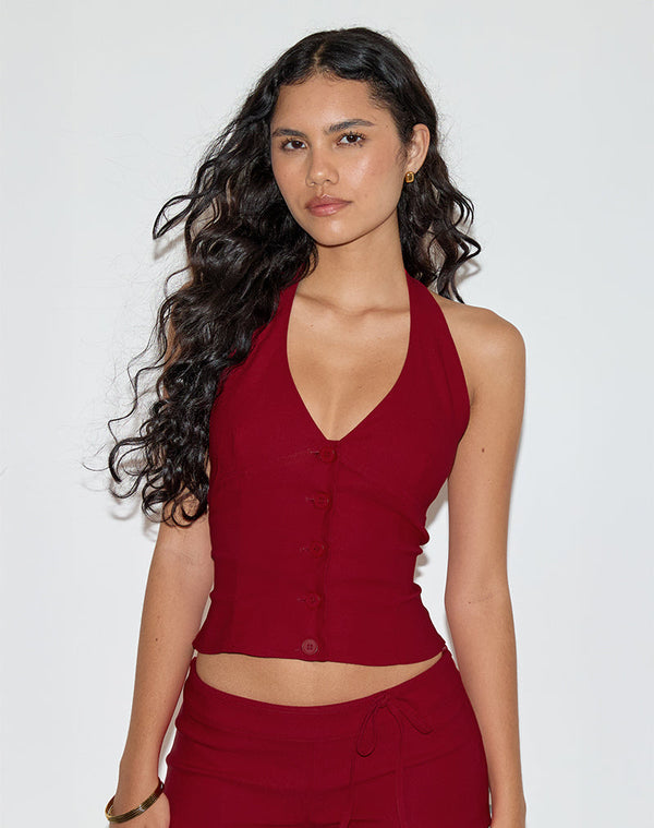 motel rocks Ortee Halterneck Top in Tailoring Red