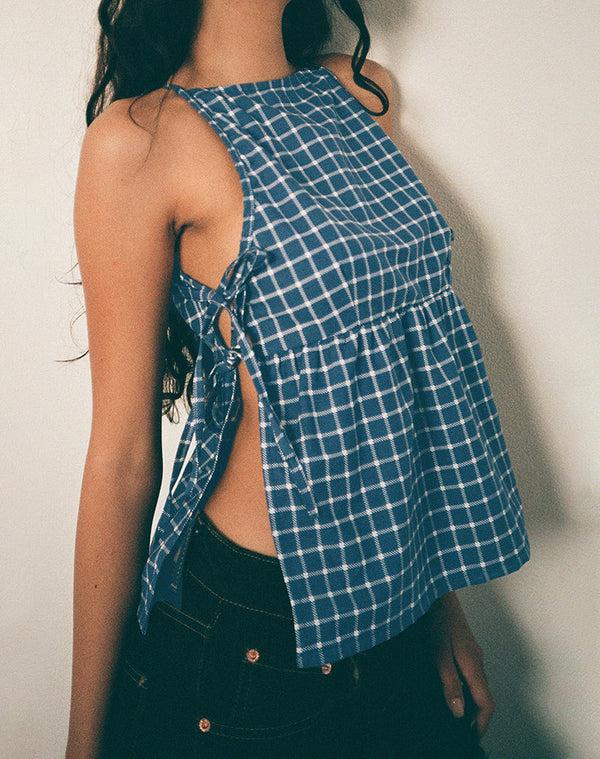 Motel Rocks Palsi Tie Side Top In Navy Tartan