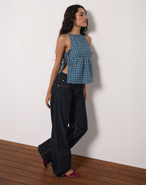 Motel Rocks Palsi Tie Side Top In Navy Tartan