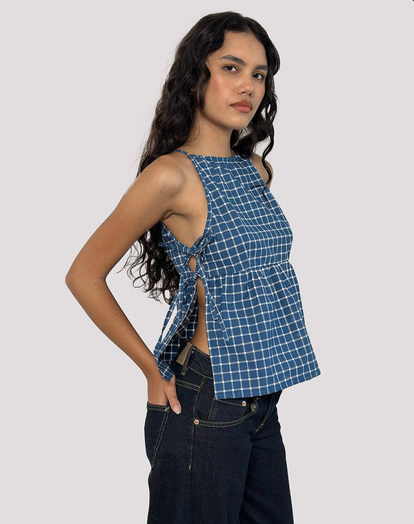 motel rocks Palsi Tie Side Top in Navy Tartan