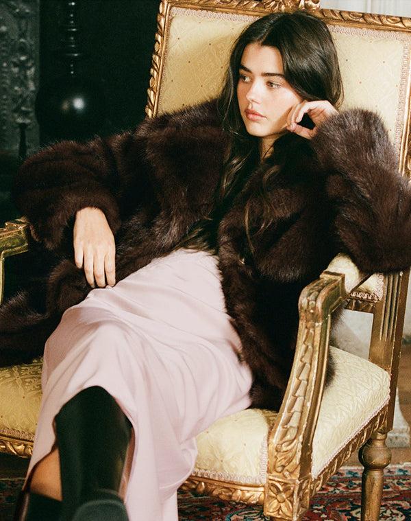 Motel Rocks Pepita Jacket In Faux Fur Dark Brown