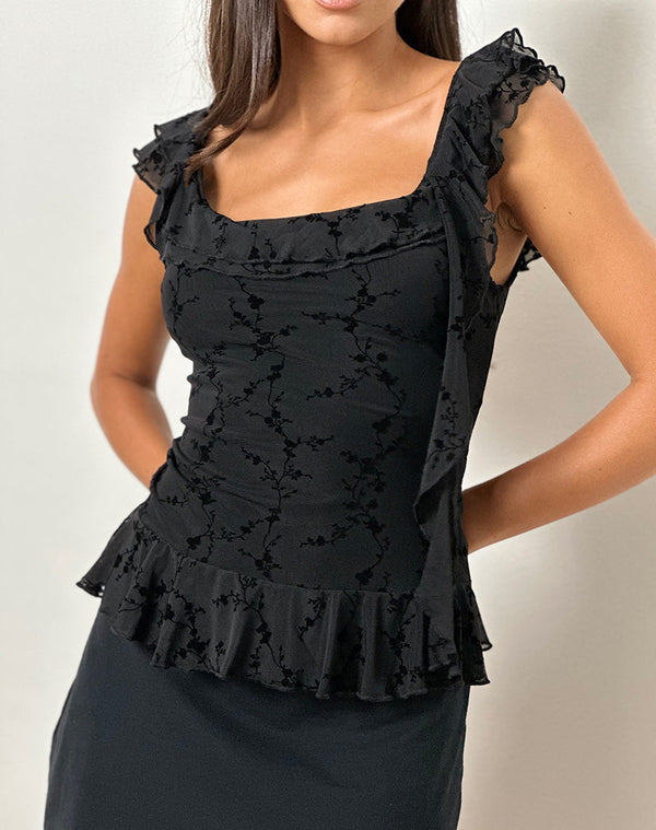 motel rocks Piroli Top in Vine Flower Black