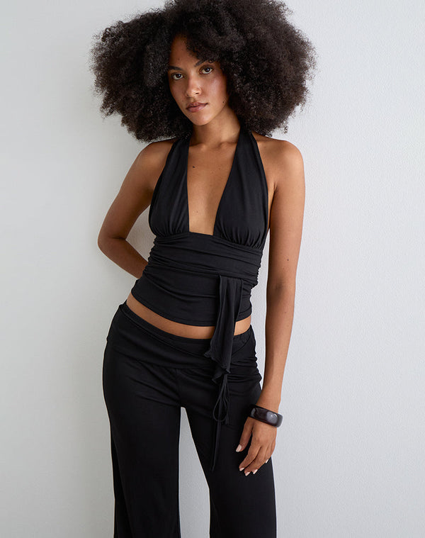 motel rocks Prilla Halter Top in Cupro Black