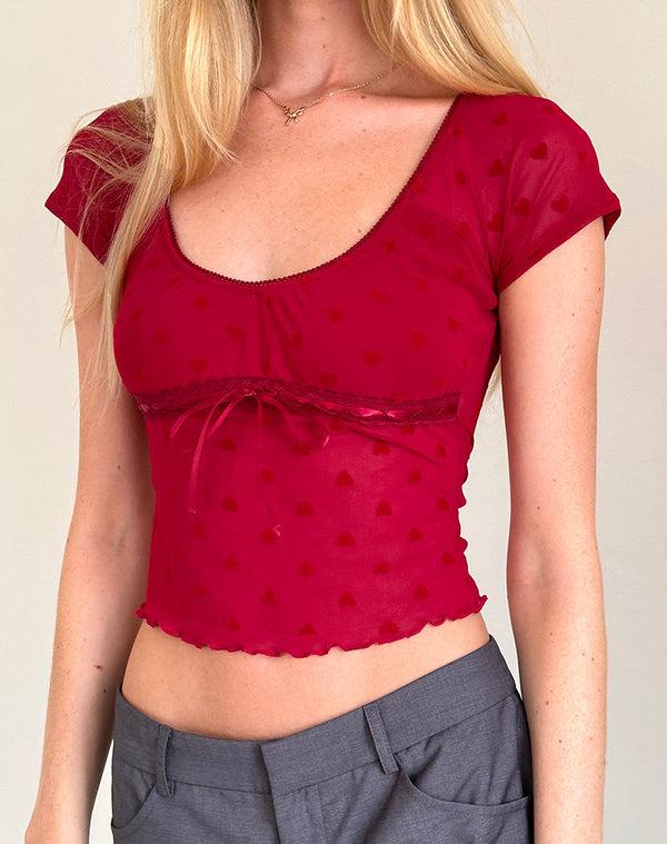 Motel Rocks Rada Top In Red Heart Flocked Mesh