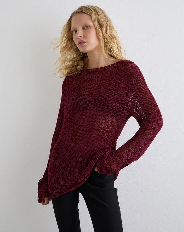 Motel Rocks Rajiya Open Weave Jumper In Burgundy