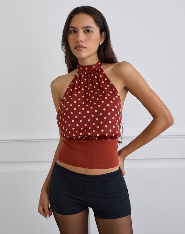 Motel Rocks Rania Backless Top In Polka Burnt Red
