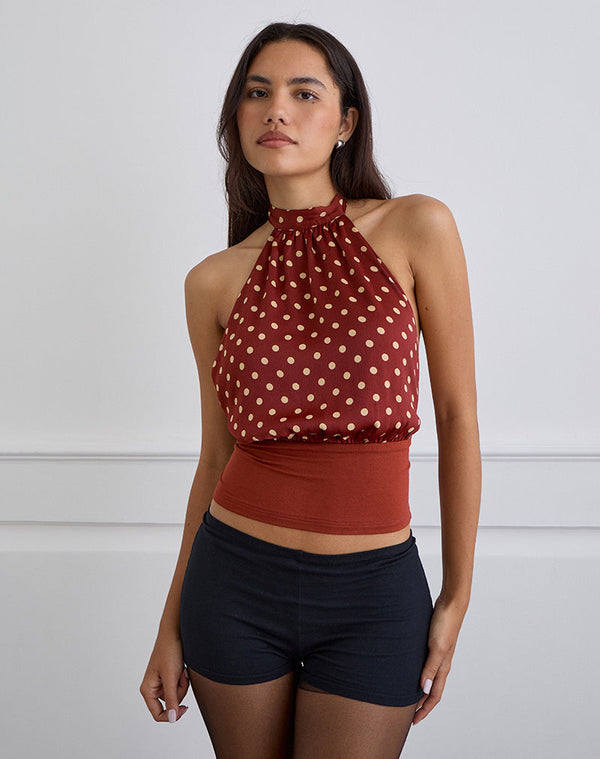 motel rocks Rania Backless Top in Polka Burnt Red
