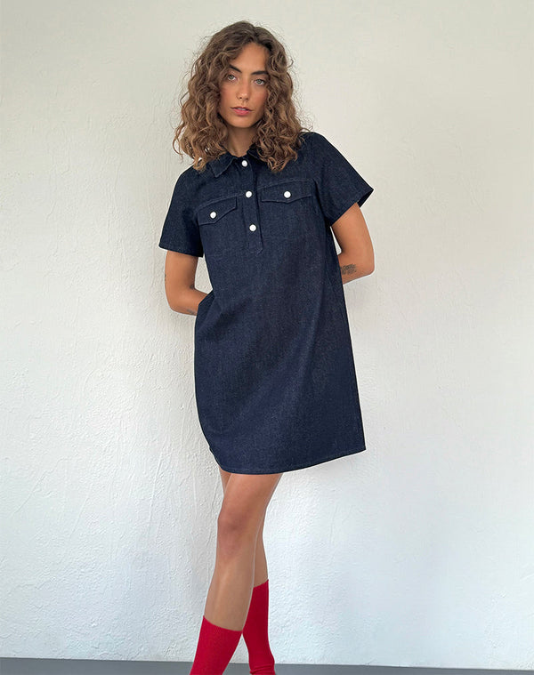 Motel Rocks Reiga Smock Mini Dress In Denim Indigo
