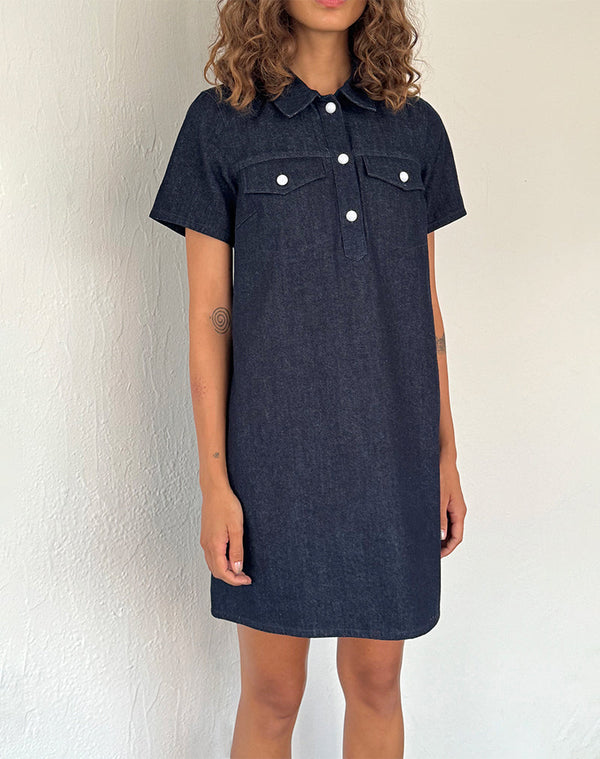 motel rocks Reiga Smock Mini Dress in Denim Indigo
