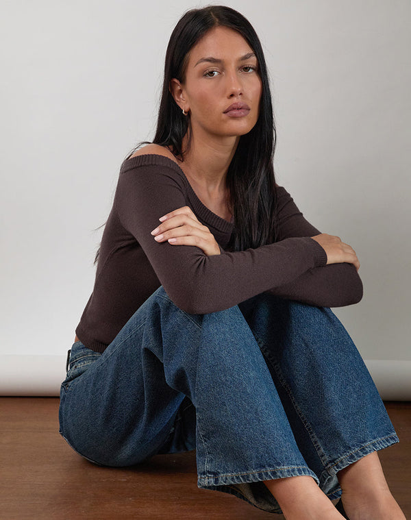 Motel Rocks Renie Bardot Top In Dark Brown Knit