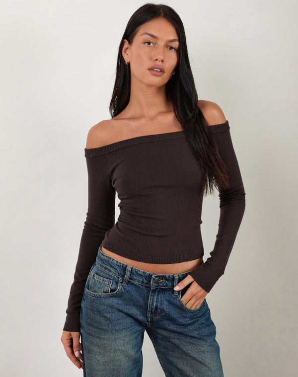 motel rocks Renie Bardot Top in Dark Brown Knit