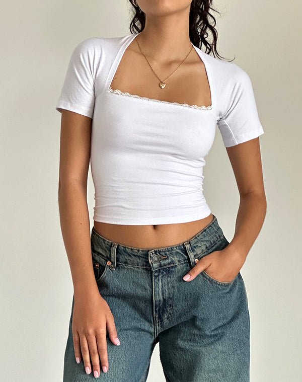 motel rocks Reqla Top in White with Lace Trim