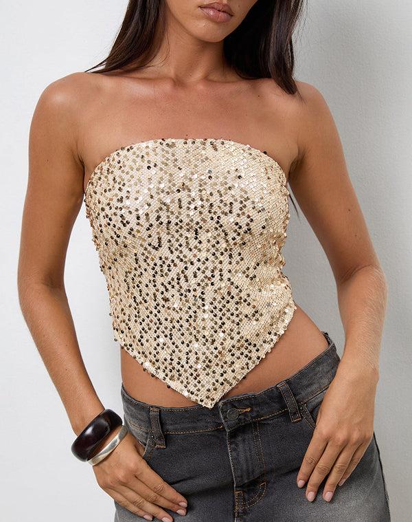 Motel Rocks Rimo Bandeau Top In Gold Sequin