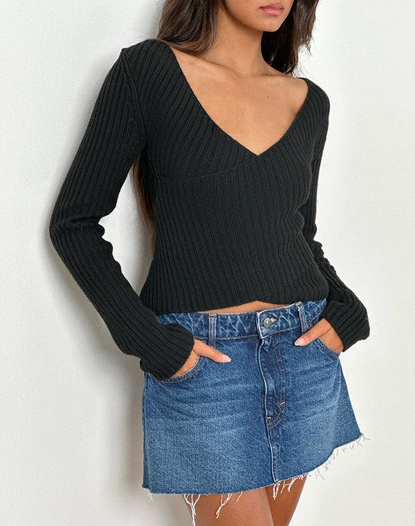 motel rocks Rinca Bardot Jumper in Rib Knit Black