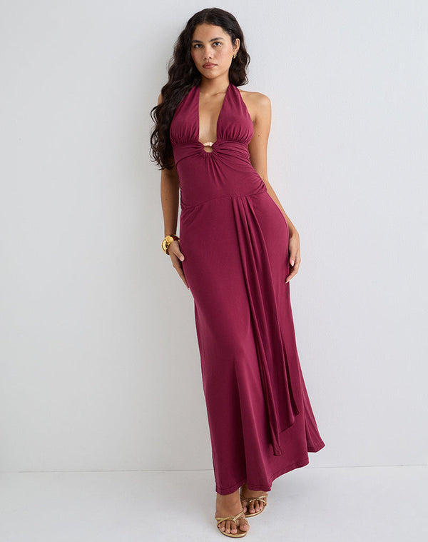 Motel Rocks Ryoko Maxi Dress In Cupro Burgundy
