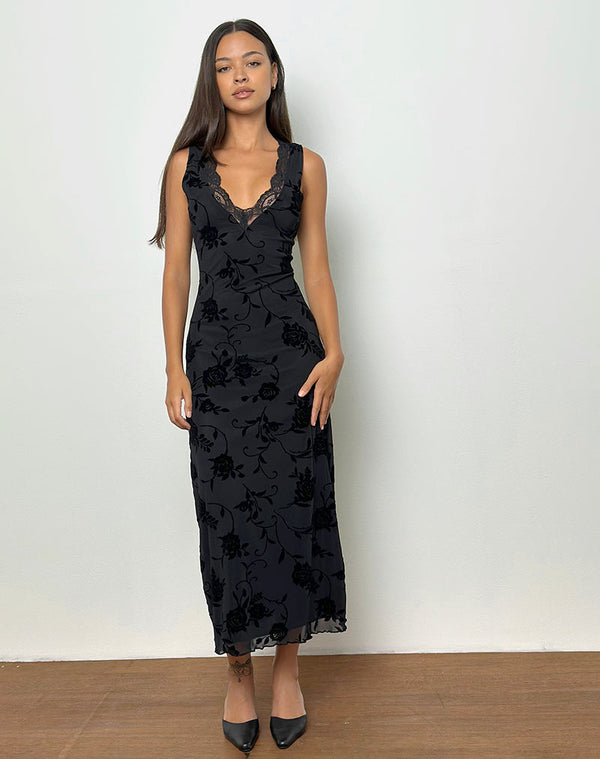 Motel Rocks Saga Midi Dress In Rose Flock Black