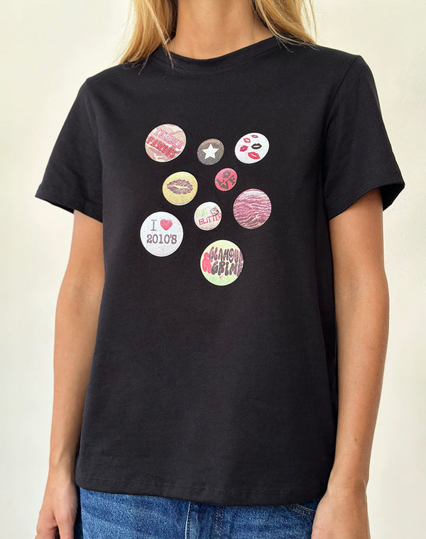 Motel Rocks Saki Tee In Black With Badges Graphic