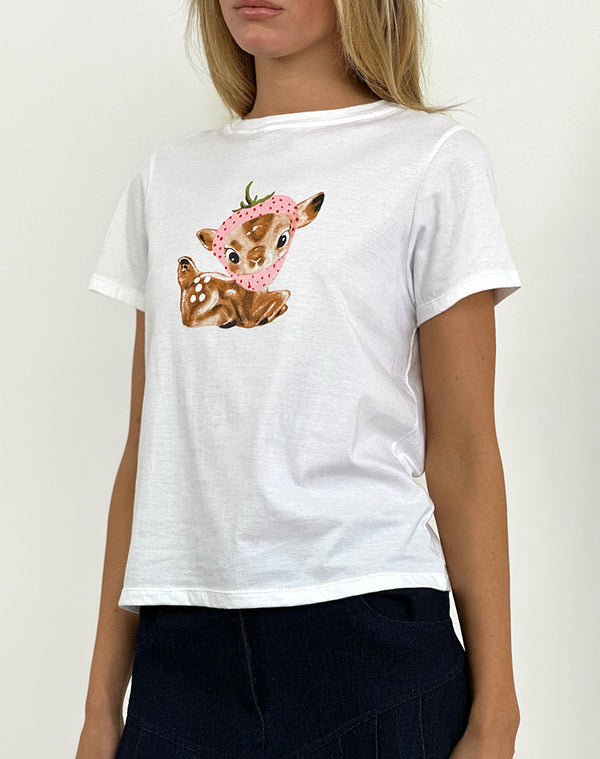 motel rocks Saki Tee in White with Baby Deer Print