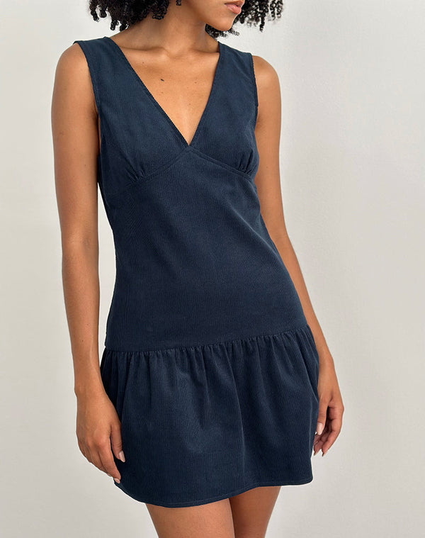 Motel Rocks Sarabi Plunge Mini Dress In Cord Navy