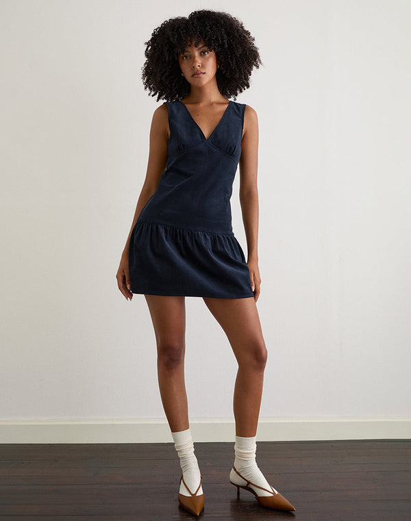 motel rocks Sarabi Plunge Mini Dress in Cord Navy