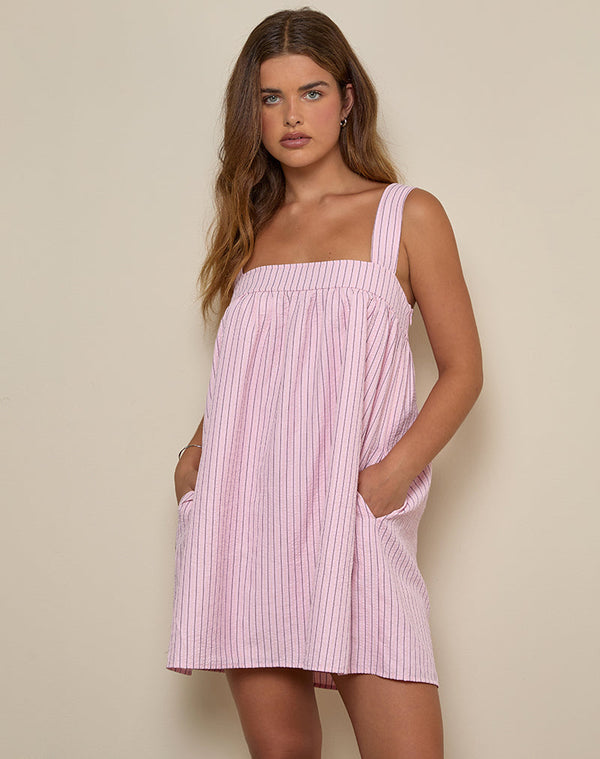 Motel Rocks Sasori Smock Mini Dress In Pink Stripe