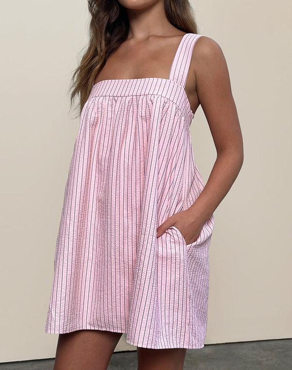 motel rocks Sasori Smock Mini Dress in Pink Stripe