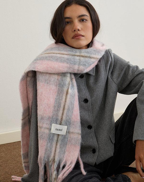 motel rocks Scarf in Wool Brushed Knit Pink Check
