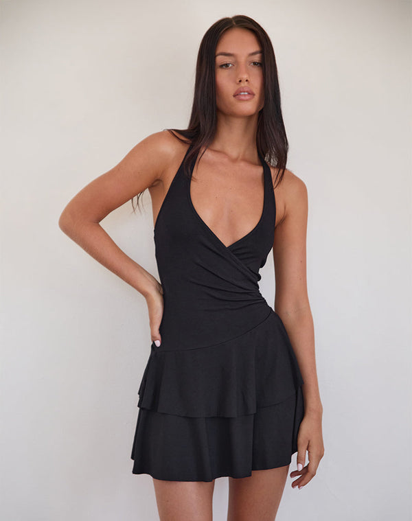 motel rocks Semary Plunge Wrap Mini Dress in Black
