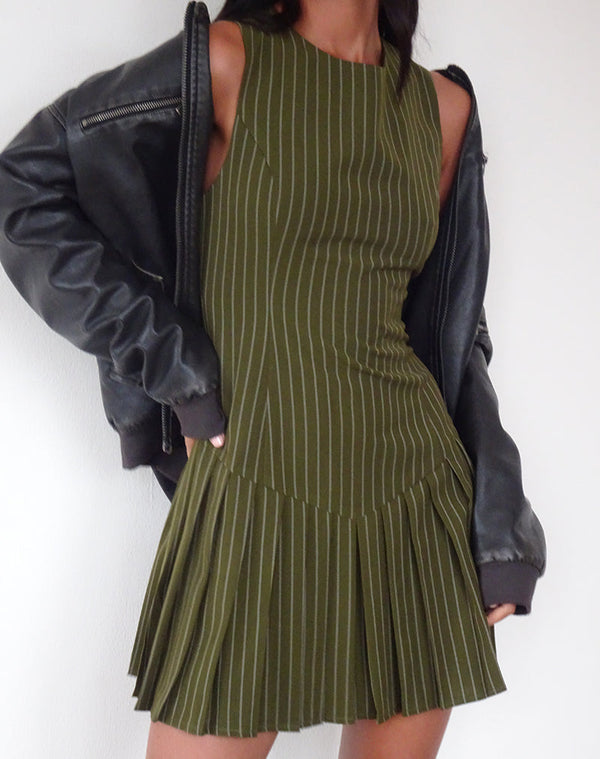Motel Rocks Semasa Mini Dress In Khaki Pinstripe