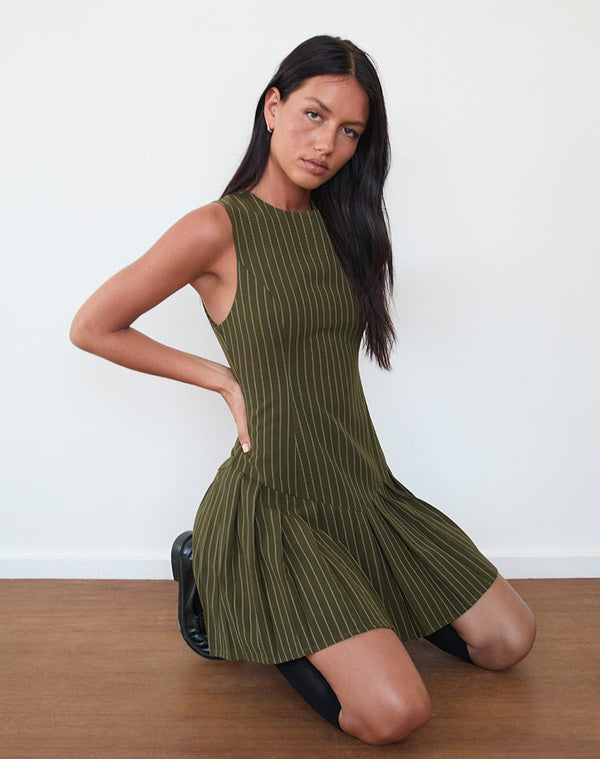 motel rocks Semasa Mini Dress in Khaki Pinstripe