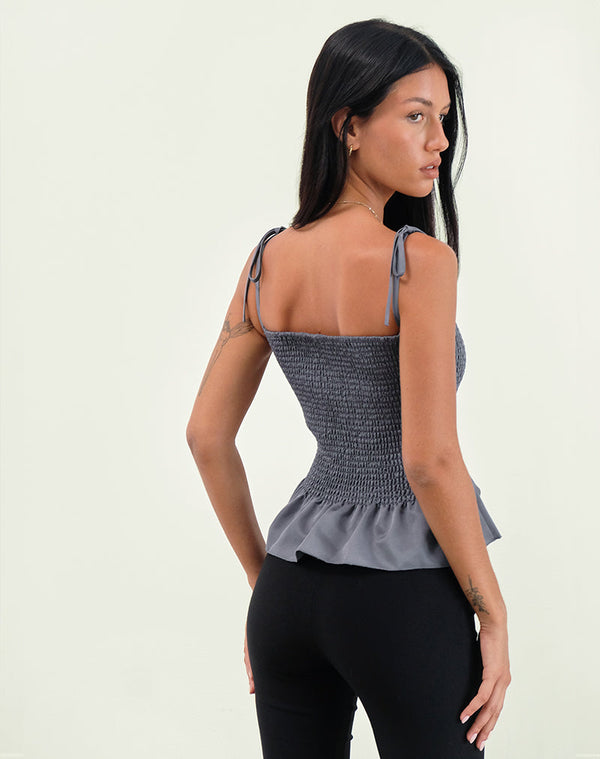 Motel Rocks Seora Tie Shoulder Shirred Top In Grey