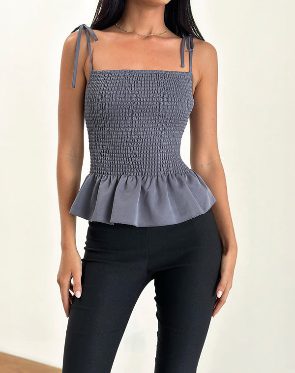 motel rocks Seora Tie Shoulder Shirred Top in Grey