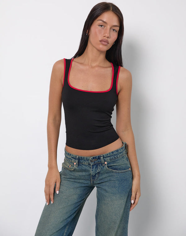 motel rocks Shajani Top in Black with Red Binding