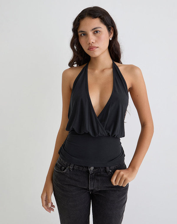 motel rocks Sherlyn Halter Top in Cupro Black