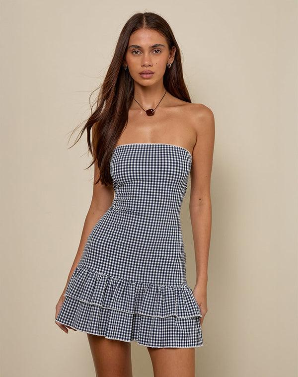 motel rocks Sitav Dress in Seersucker Gingham Navy