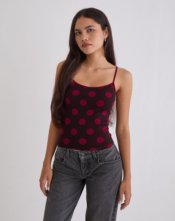 motel rocks Solani Top in Brown with Big Polka Red