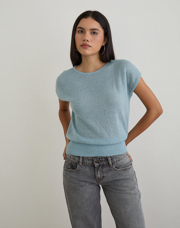 motel rocks Sorin Deep Waistband Top in Knit Blue
