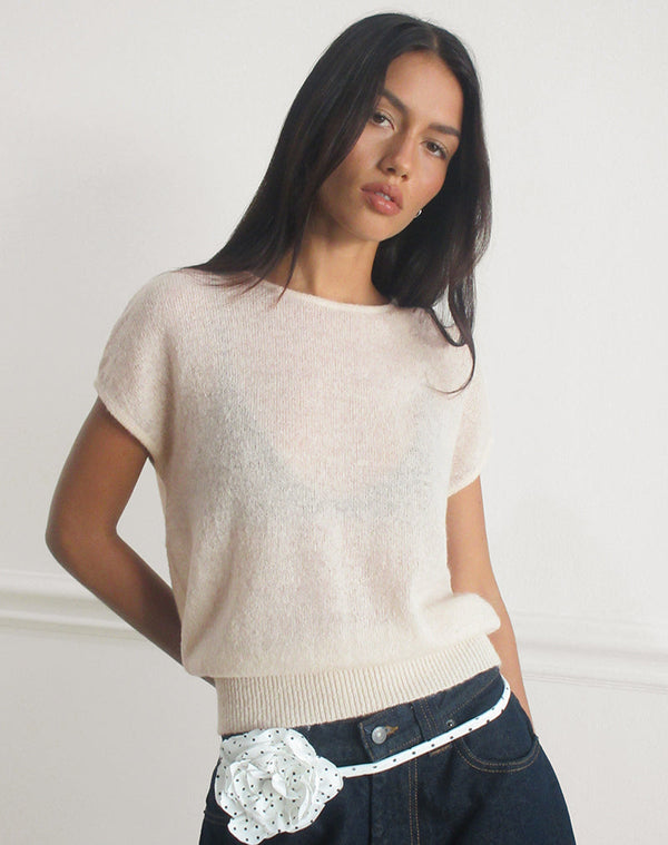 motel rocks Sorin Deep Waistband Top in Knit Ecru