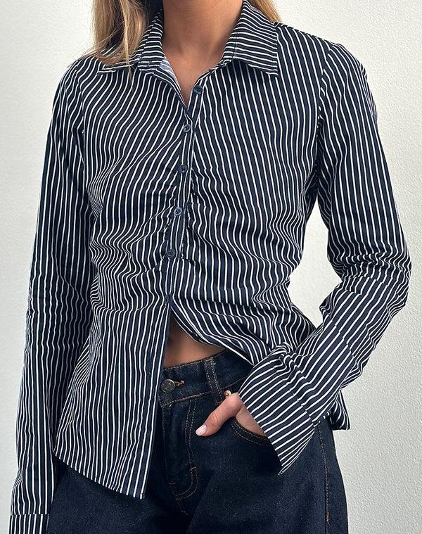 Motel Rocks Tarsi Fitted Shirt In Mono Stripe Navy