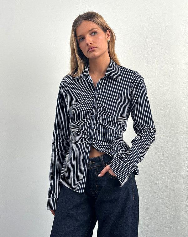 Motel Rocks Tarsi Fitted Shirt In Mono Stripe Navy