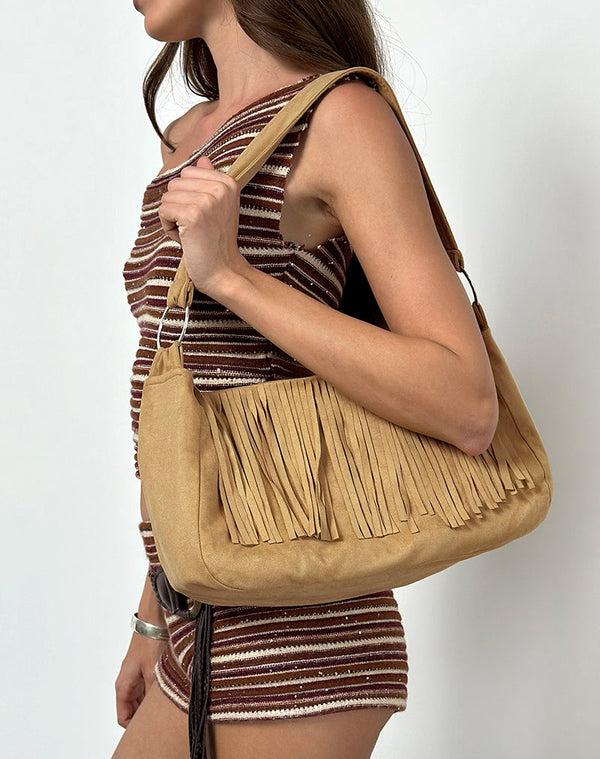 motel rocks Teria Tassel Bag in Suede Tan