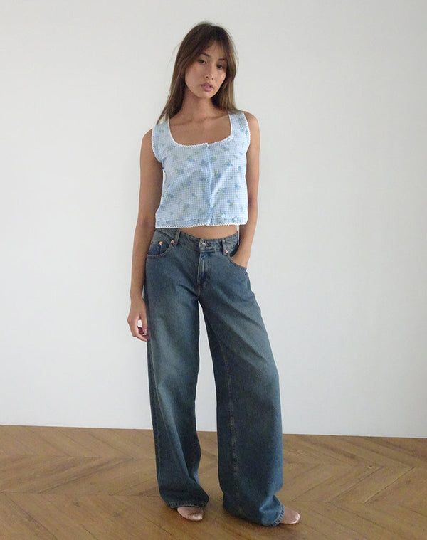 Motel Rocks Ternya Top In Blue Flower Gingham