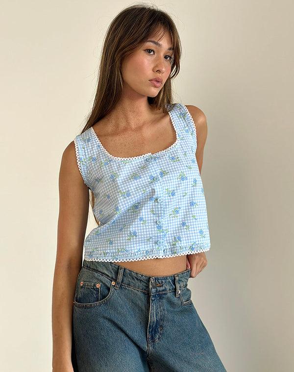 Motel Rocks Ternya Top In Blue Flower Gingham