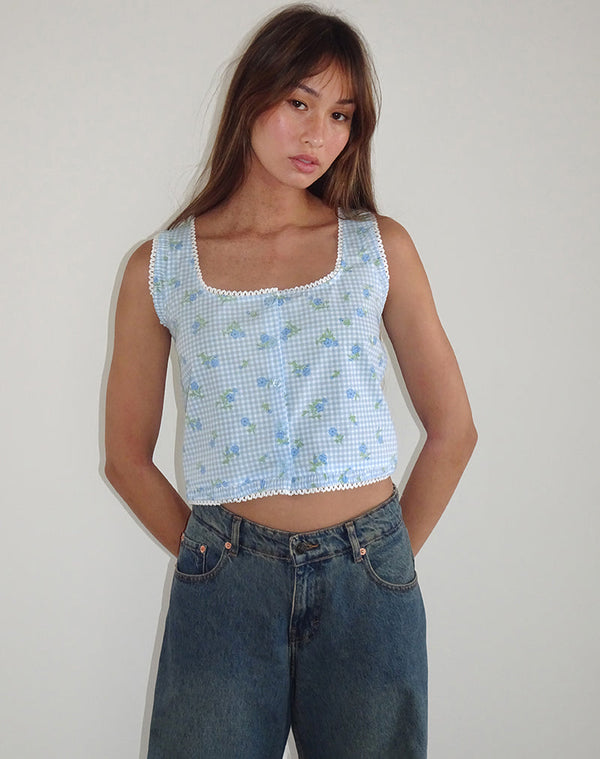 motel rocks Ternya Top in Blue Flower Gingham